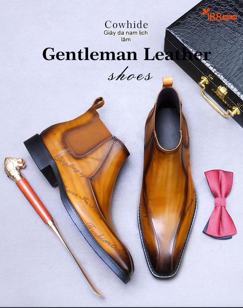 Giày Chelsea Boot Cao Cổ Nam Da Bò Chiều Cao Đế Khoảng 3cm Phong Cách Anh Quốc Màu Đen, Nâu chi tiết 1