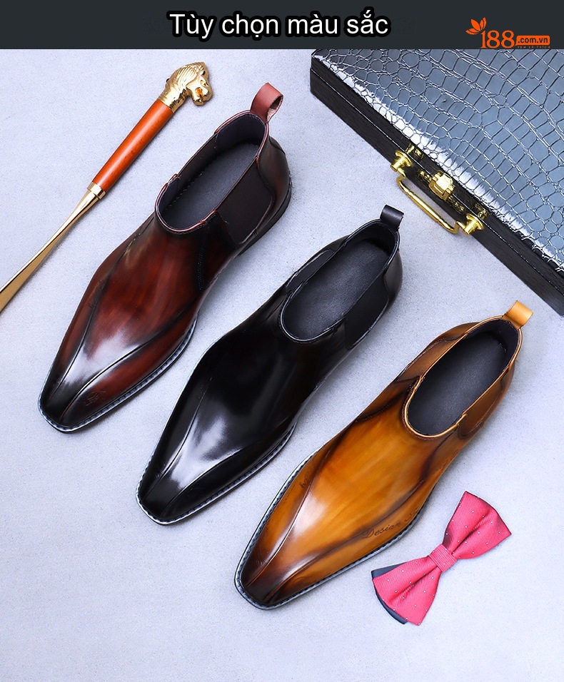 Giày Chelsea Boot Cao Cổ Nam Da Bò Chiều Cao Đế Khoảng 3cm Phong Cách Anh Quốc Màu Đen, Nâu chi tiết 2