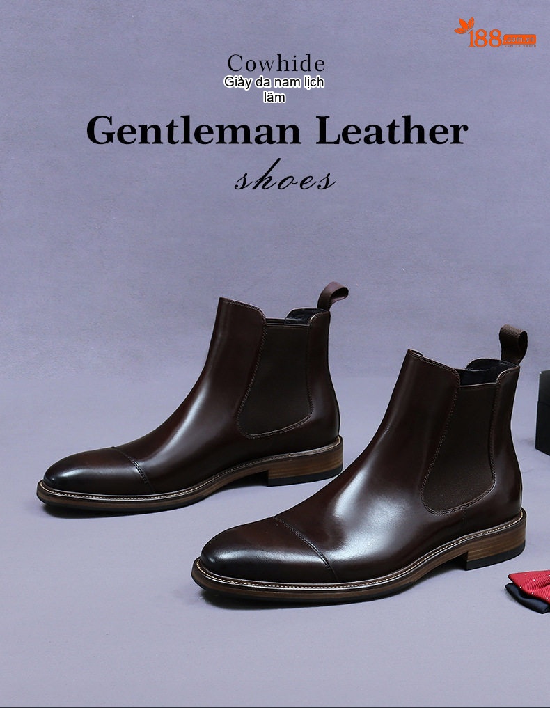 Giày Chelsea Boot Nam Da Bò Cao Cổ Thủ Công Chiều Cao Đế Khoảng 3cm Màu Nâu, Đen chi tiết 1