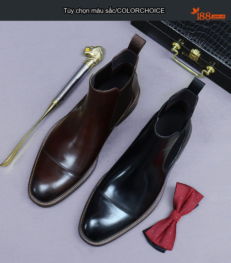 Giày Chelsea Boot Nam Da Bò Cao Cổ Thủ Công Chiều Cao Đế Khoảng 3cm Màu Nâu, Đen chi tiết 3