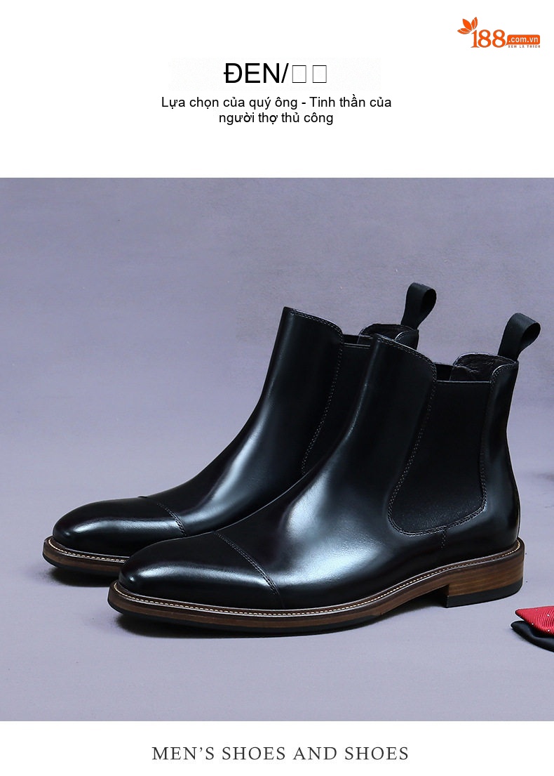 Giày Chelsea Boot Nam Da Bò Cao Cổ Thủ Công Chiều Cao Đế Khoảng 3cm Màu Nâu, Đen chi tiết 4
