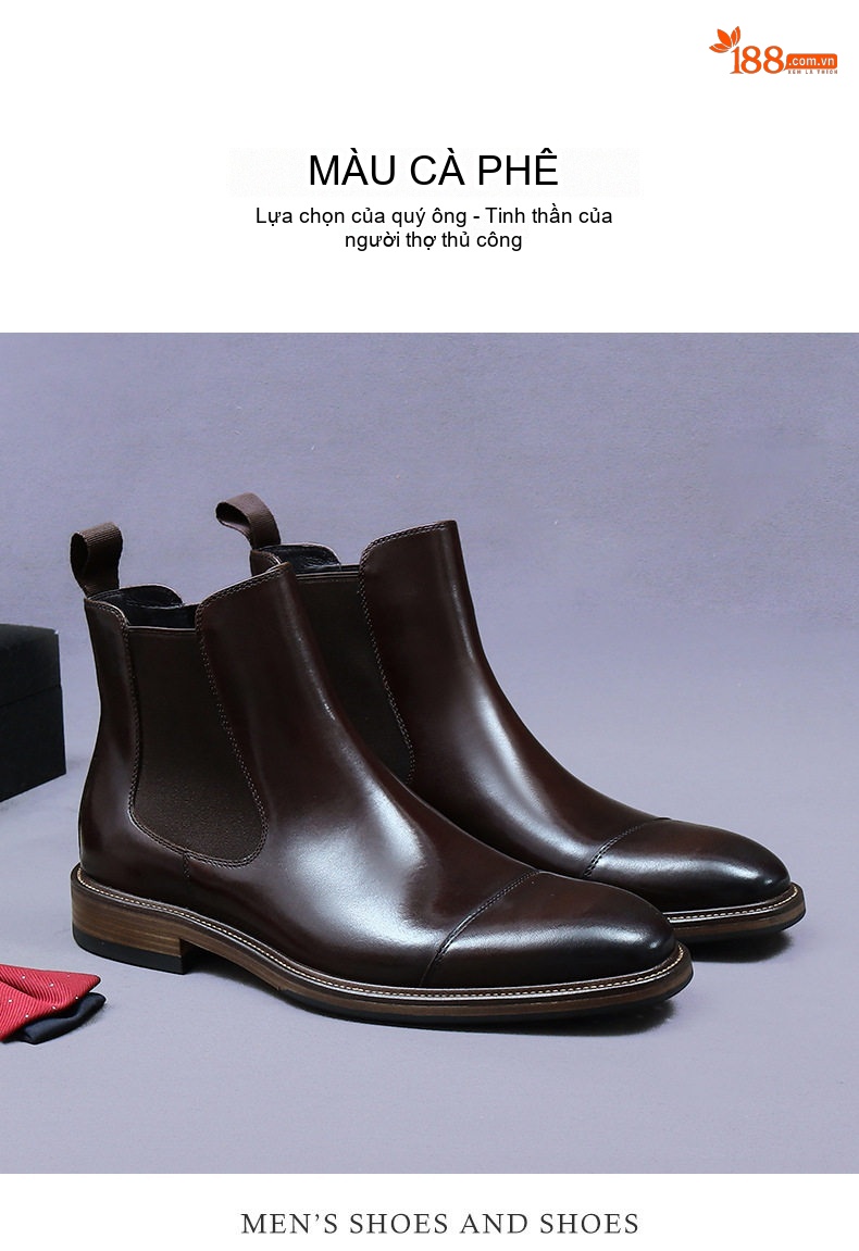 Giày Chelsea Boot Nam Da Bò Cao Cổ Thủ Công Chiều Cao Đế Khoảng 3cm Màu Nâu, Đen chi tiết 11