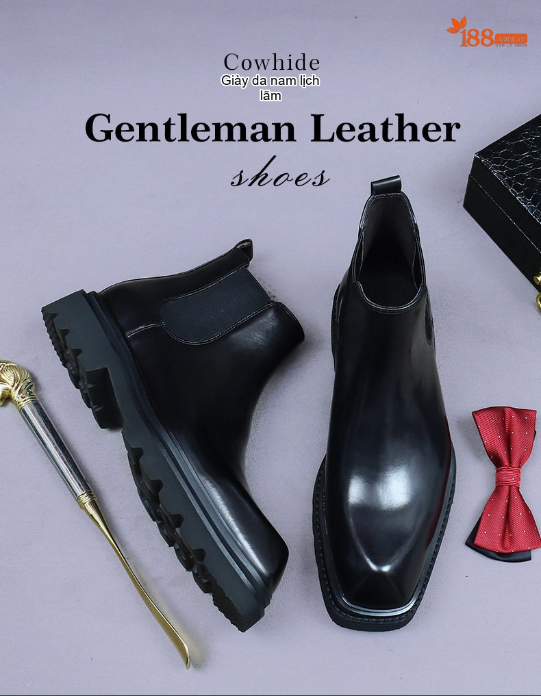 Giày Chelsea Boot Nam Da Bóng Cao Cổ Chiều Cao Đế Khoảng 4cm Màu Đen, Nâu chi tiết 1