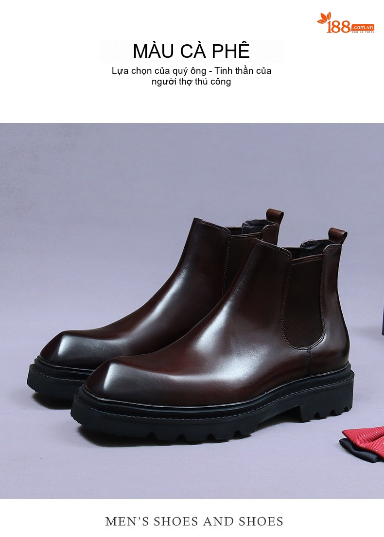 Giày Chelsea Boot Nam Da Bóng Cao Cổ Chiều Cao Đế Khoảng 4cm Màu Đen, Nâu chi tiết 4