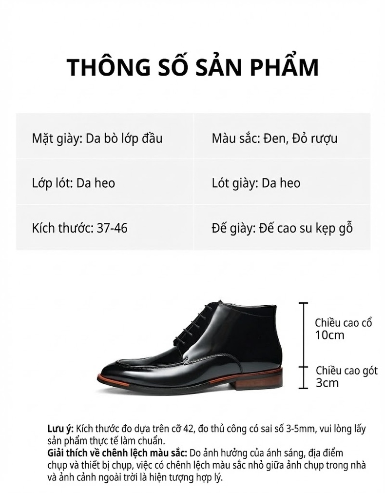 Giày Chelsea Boot Nam Da Bóng Cao Cổ Mũi Nhọn Chiều Cao Đế Khoảng 3cm Màu Đen chi tiết 2