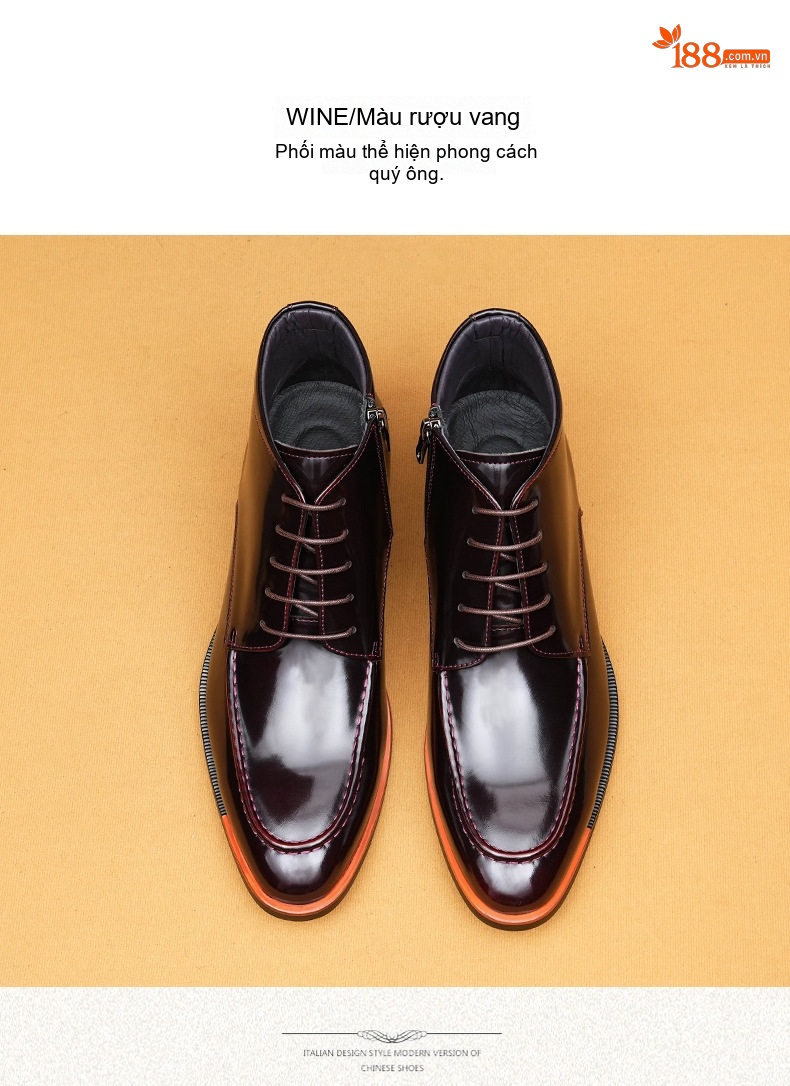 Giày Chelsea Boot Nam Da Bóng Cao Cổ Mũi Nhọn Chiều Cao Đế Khoảng 3cm Màu Đen chi tiết 12