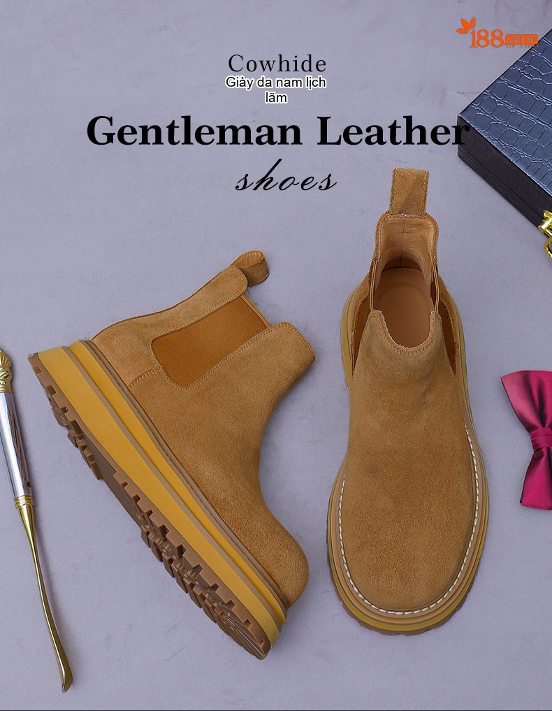 Giày Chelsea Boot Nam Da Mờ Cổ Cao Chiều Cao Đế Khoảng 5cm Màu Nâu, Đen chi tiết 1