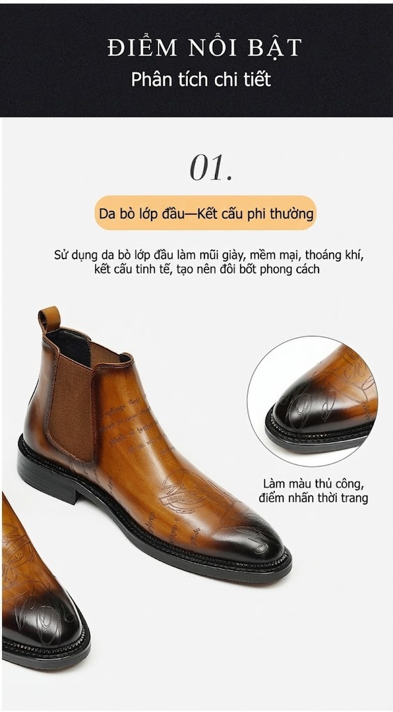 Giày Chelsea Boot Nam Da Thật Cao Cổ Họa Tiết Chiều Cao Đế Khoảng 3cm Màu Đen, Nâu chi tiết 9