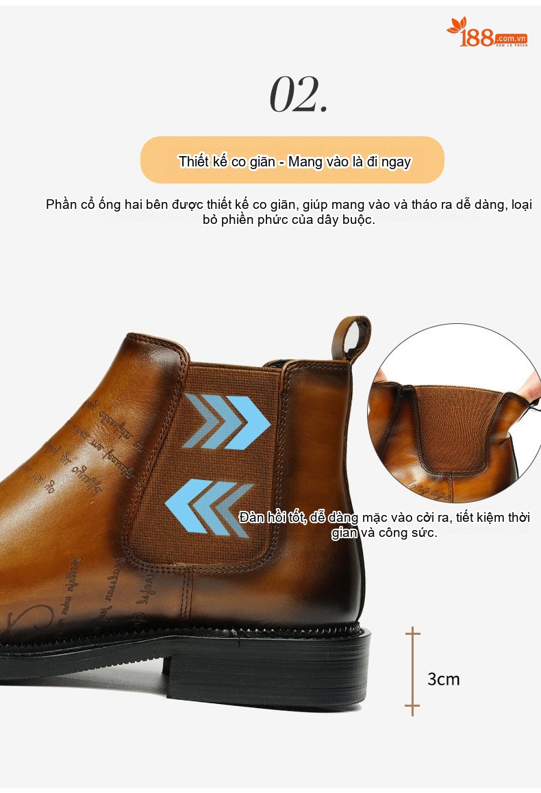 Giày Chelsea Boot Nam Da Thật Cao Cổ Họa Tiết Chiều Cao Đế Khoảng 3cm Màu Đen, Nâu chi tiết 10