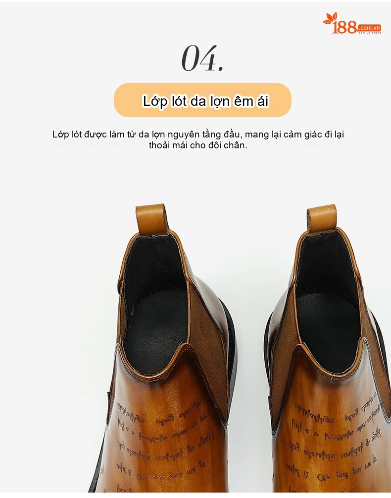 Giày Chelsea Boot Nam Da Thật Cao Cổ Họa Tiết Chiều Cao Đế Khoảng 3cm Màu Đen, Nâu chi tiết 11