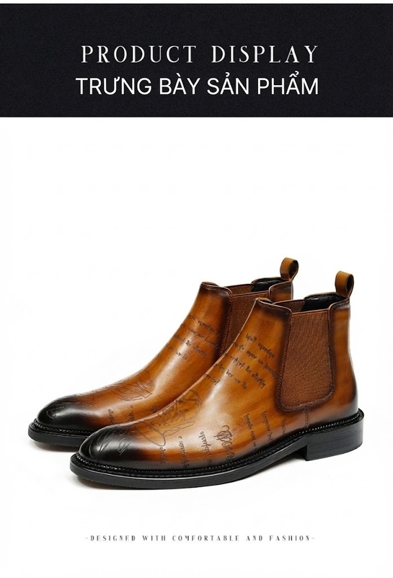 Giày Chelsea Boot Nam Da Thật Cao Cổ Họa Tiết Chiều Cao Đế Khoảng 3cm Màu Đen, Nâu chi tiết 13