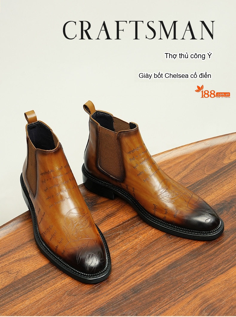 Giày Chelsea Boot Nam Da Thật Cao Cổ Họa Tiết Chiều Cao Đế Khoảng 3cm Màu Đen, Nâu chi tiết 1
