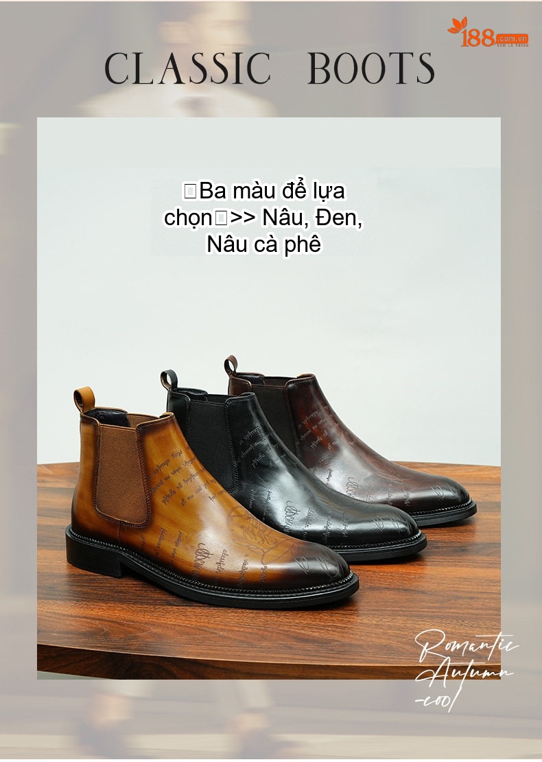 Giày Chelsea Boot Nam Da Thật Cao Cổ Họa Tiết Chiều Cao Đế Khoảng 3cm Màu Đen, Nâu chi tiết 2
