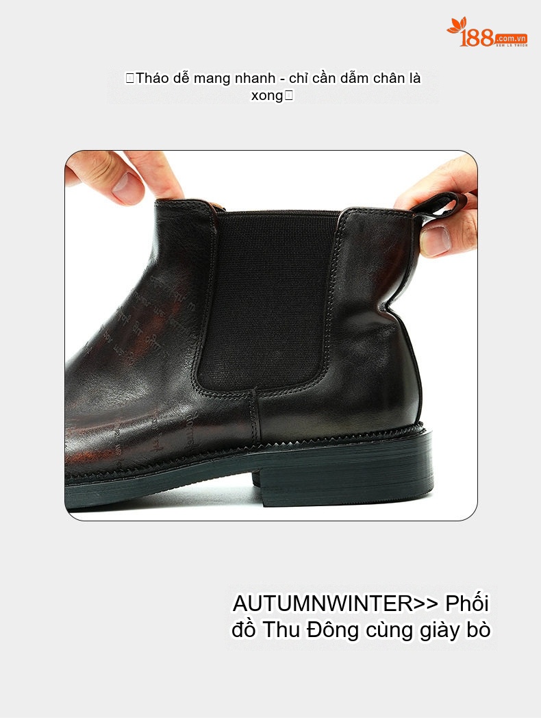 Giày Chelsea Boot Nam Da Thật Cao Cổ Họa Tiết Chiều Cao Đế Khoảng 3cm Màu Đen, Nâu chi tiết 5