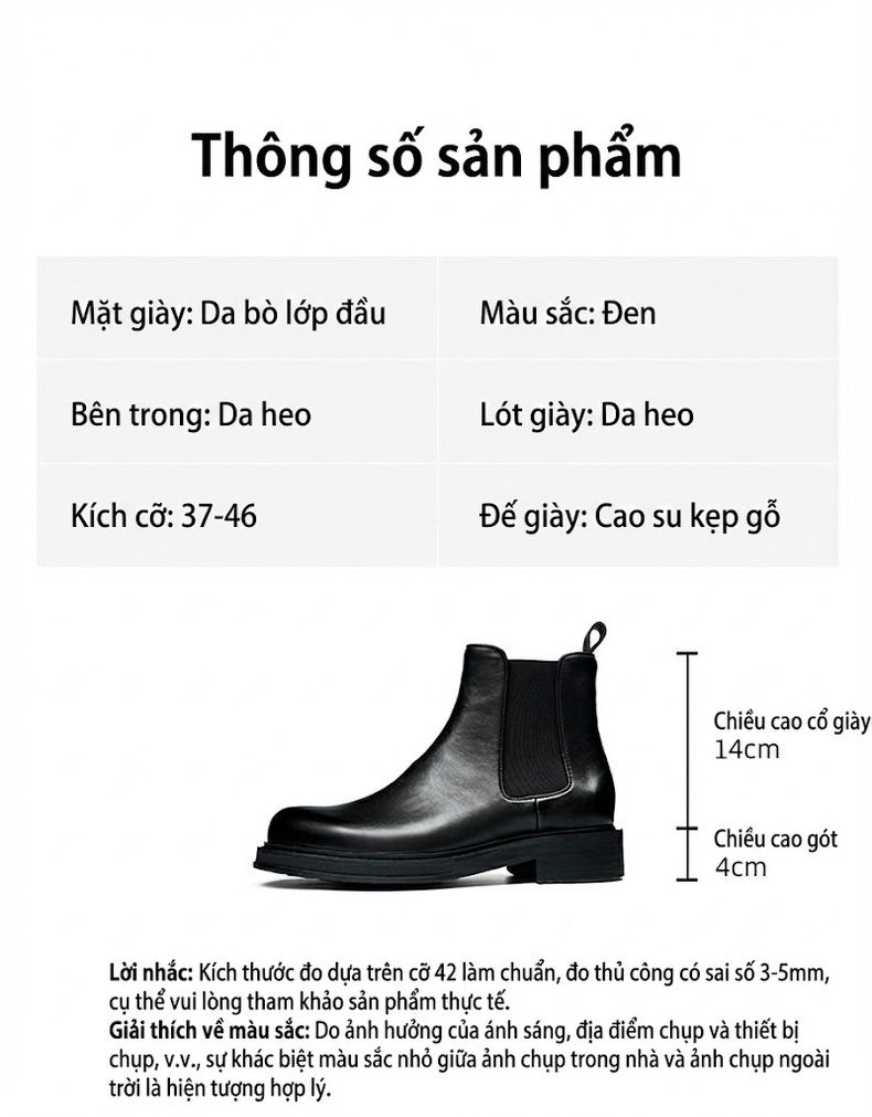 Giày Chelsea Boot Nam Da Thật Chiều Cao Đế Khoảng 3cm Phong Cách Anh Quốc Màu Đen chi tiết 2