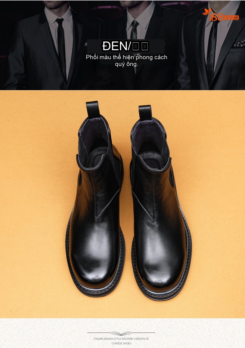 Giày Chelsea Boot Nam Da Thật Chiều Cao Đế Khoảng 3cm Phong Cách Anh Quốc Màu Đen chi tiết 4