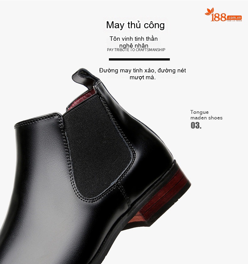 Giày Chelsea Boot Nam Da Thật Cổ Cao Chiều Cao Đế Khoảng 3cm Màu Đen chi tiết 7