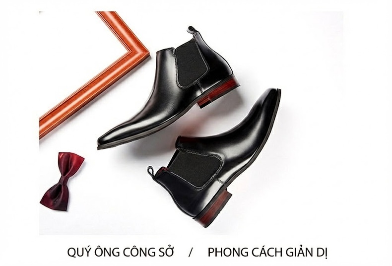 Giày Chelsea Boot Nam Da Thật Cổ Cao Chiều Cao Đế Khoảng 3cm Màu Đen chi tiết 14
