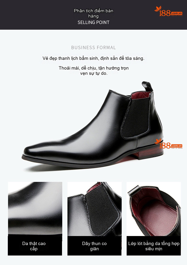 Giày Chelsea Boot Nam Da Thật Cổ Cao Chiều Cao Đế Khoảng 3cm Màu Đen chi tiết 4