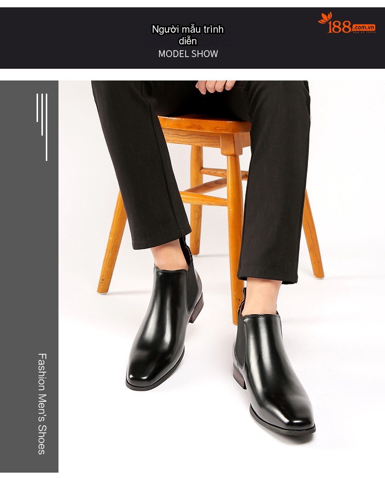 Giày Chelsea Boot Nam Da Thật Cổ Cao Chiều Cao Đế Khoảng 3cm Màu Đen chi tiết 10