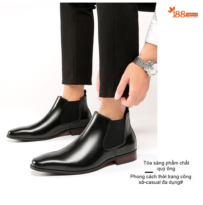 Giày Chelsea Boot Nam Da Thật Cổ Cao Chiều Cao Đế Khoảng 3cm Màu Đen chi tiết 11