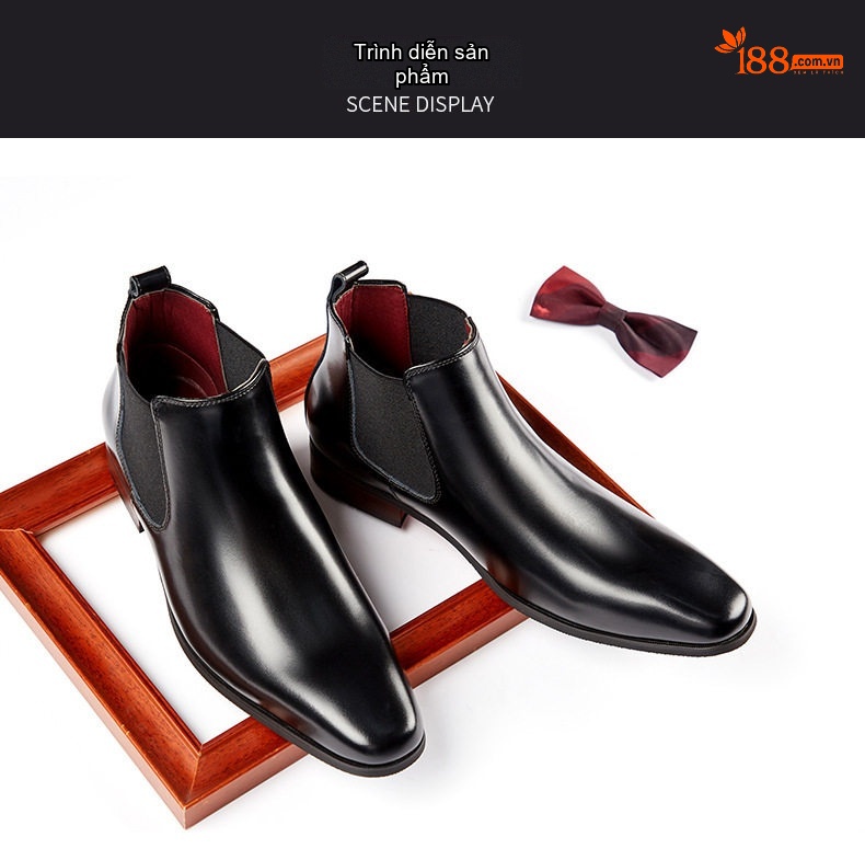 Giày Chelsea Boot Nam Da Thật Cổ Cao Chiều Cao Đế Khoảng 3cm Màu Đen chi tiết 13