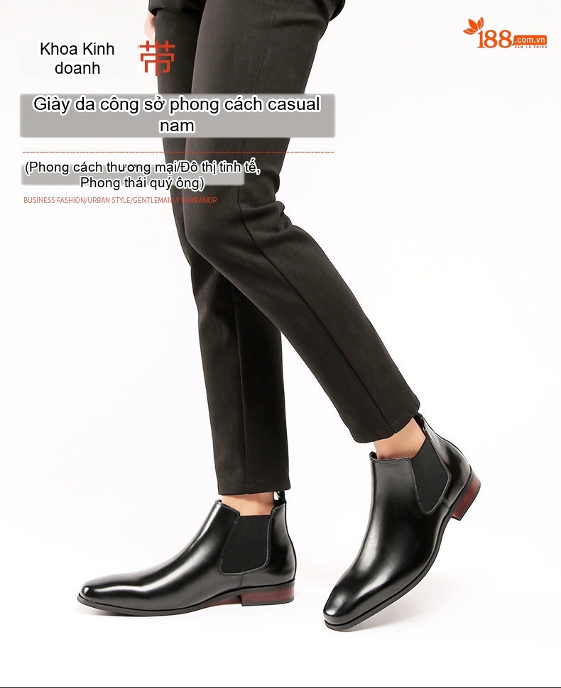 Giày Chelsea Boot Nam Da Thật Cổ Cao Chiều Cao Đế Khoảng 3cm Màu Đen chi tiết 3