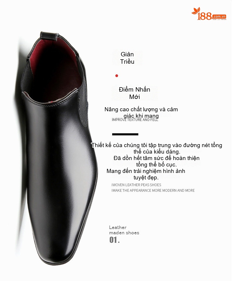 Giày Chelsea Boot Nam Da Thật Cổ Cao Chiều Cao Đế Khoảng 3cm Màu Đen chi tiết 5