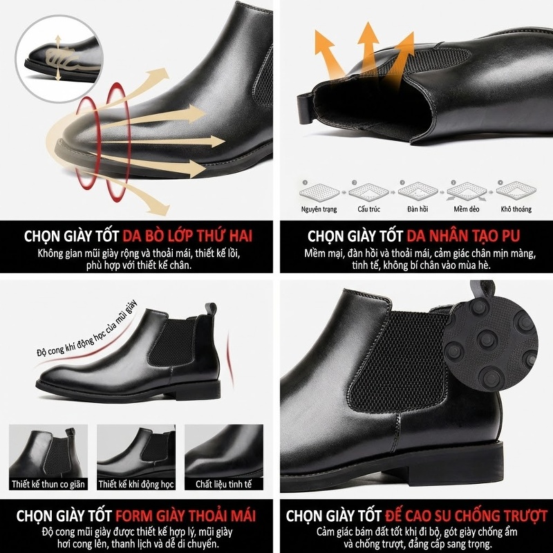 Giày Chelsea Boot Nam Da Thật Cổ Cao Chiều Cao Đế Khoảng 3cm Màu Đen, Nâu