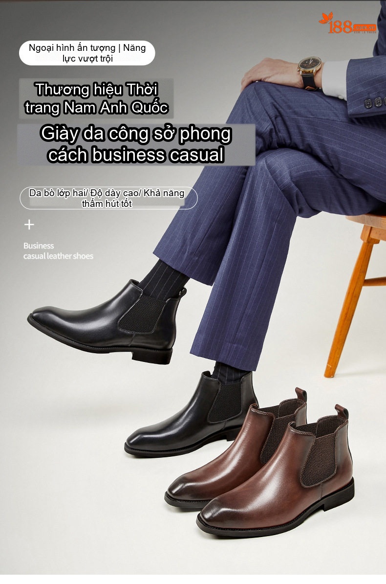 Giày Chelsea Boot Nam Da Thật Cổ Cao Chiều Cao Đế Khoảng 3cm Màu Đen, Nâu chi tiết 1