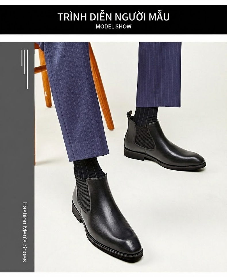 Giày Chelsea Boot Nam Da Thật Cổ Cao Chiều Cao Đế Khoảng 3cm Màu Đen, Nâu chi tiết 9