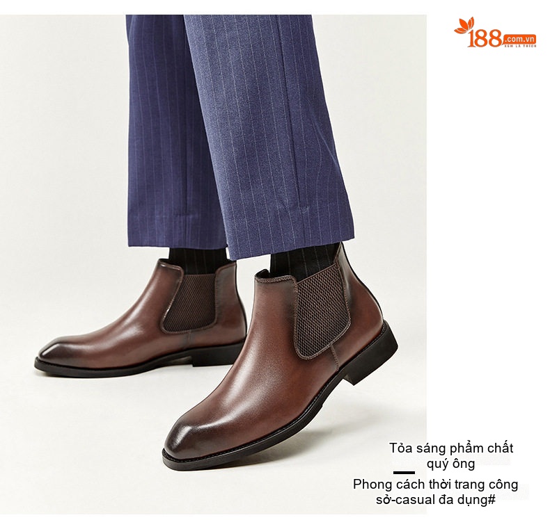Giày Chelsea Boot Nam Da Thật Cổ Cao Chiều Cao Đế Khoảng 3cm Màu Đen, Nâu chi tiết 13
