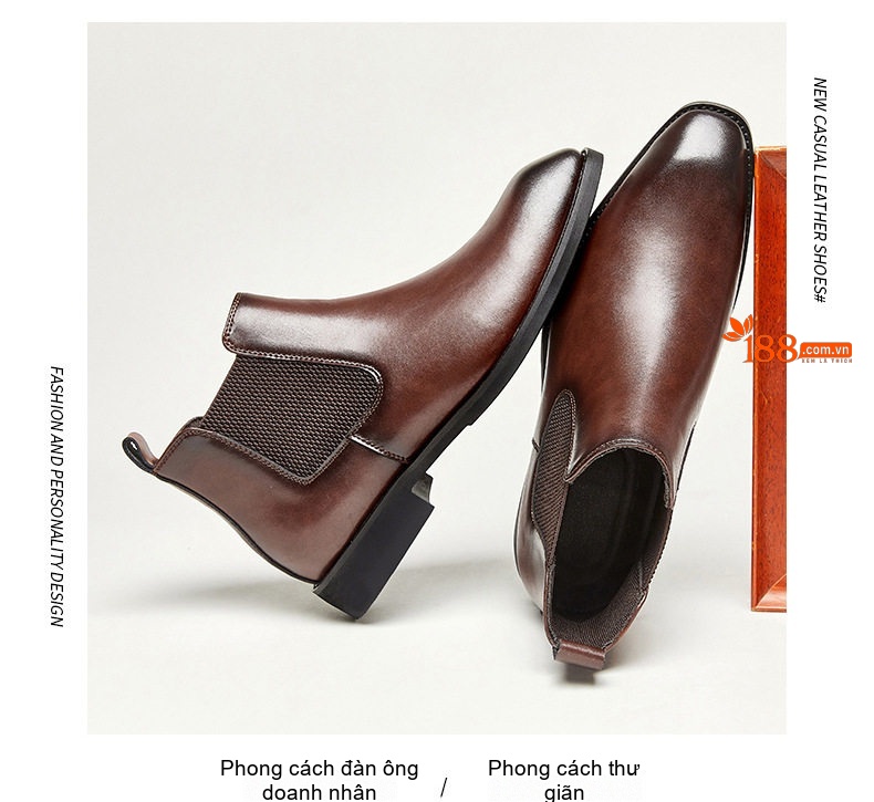 Giày Chelsea Boot Nam Da Thật Cổ Cao Chiều Cao Đế Khoảng 3cm Màu Đen, Nâu chi tiết 18