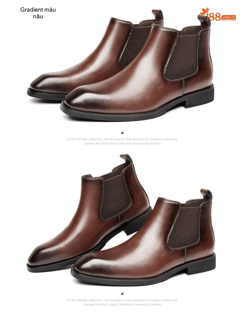 Giày Chelsea Boot Nam Da Thật Cổ Cao Chiều Cao Đế Khoảng 3cm Màu Đen, Nâu chi tiết 22