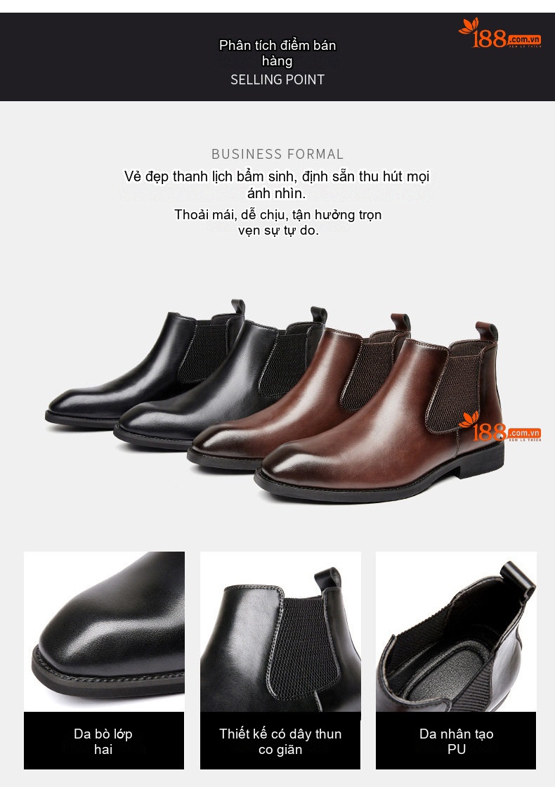 Giày Chelsea Boot Nam Da Thật Cổ Cao Chiều Cao Đế Khoảng 3cm Màu Đen, Nâu chi tiết 2