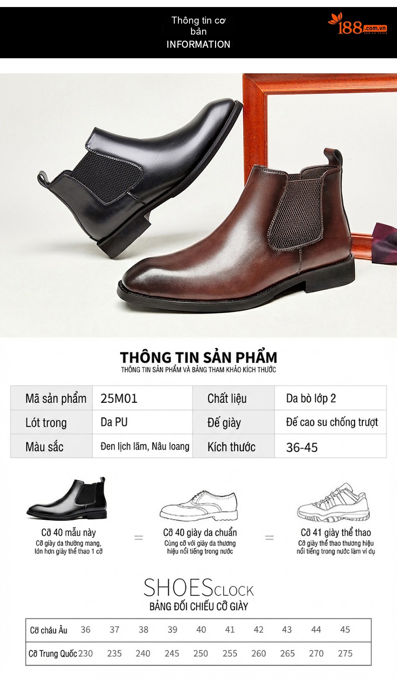 Giày Chelsea Boot Nam Da Thật Cổ Cao Chiều Cao Đế Khoảng 3cm Màu Đen, Nâu chi tiết 7