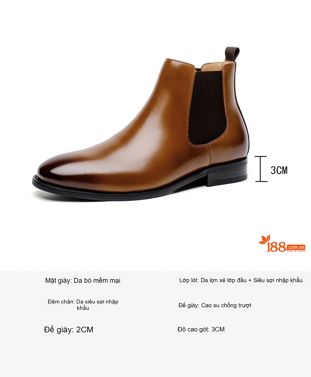 Giày Chelsea Boot Nam Da Thật Cổ Điển Chiều Cao Đế Khoảng 3cm Màu Nâu, Đen chi tiết 3
