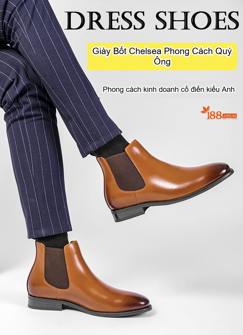 Giày Chelsea Boot Nam Da Thật Cổ Điển Chiều Cao Đế Khoảng 3cm Màu Nâu, Đen chi tiết 1