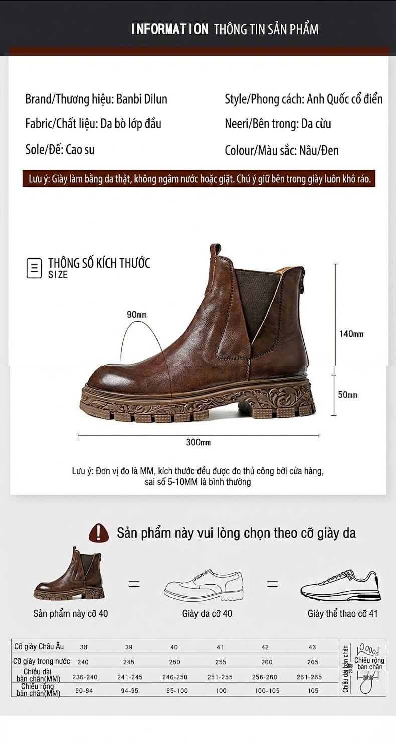 Giày Chelsea Boot Nam Da Thật Khóa Kéo Sau Chiều Cao Đế Khoảng 4cm Màu Nâu, Đen chi tiết 7