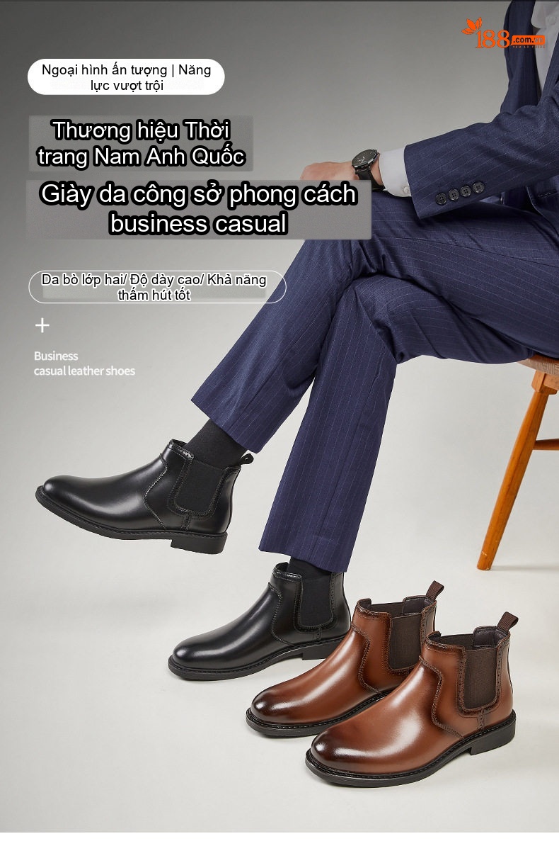 Giày Chelsea Boot Nam Da Thật Phong Cách Anh Quốc Chiều Cao Đế Khoảng 3cm Màu Nâu, Đen chi tiết 1