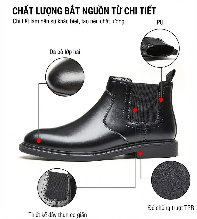Giày Chelsea Boot Nam Da Thật Phong Cách Anh Quốc Chiều Cao Đế Khoảng 3cm Màu Nâu, Đen chi tiết 8