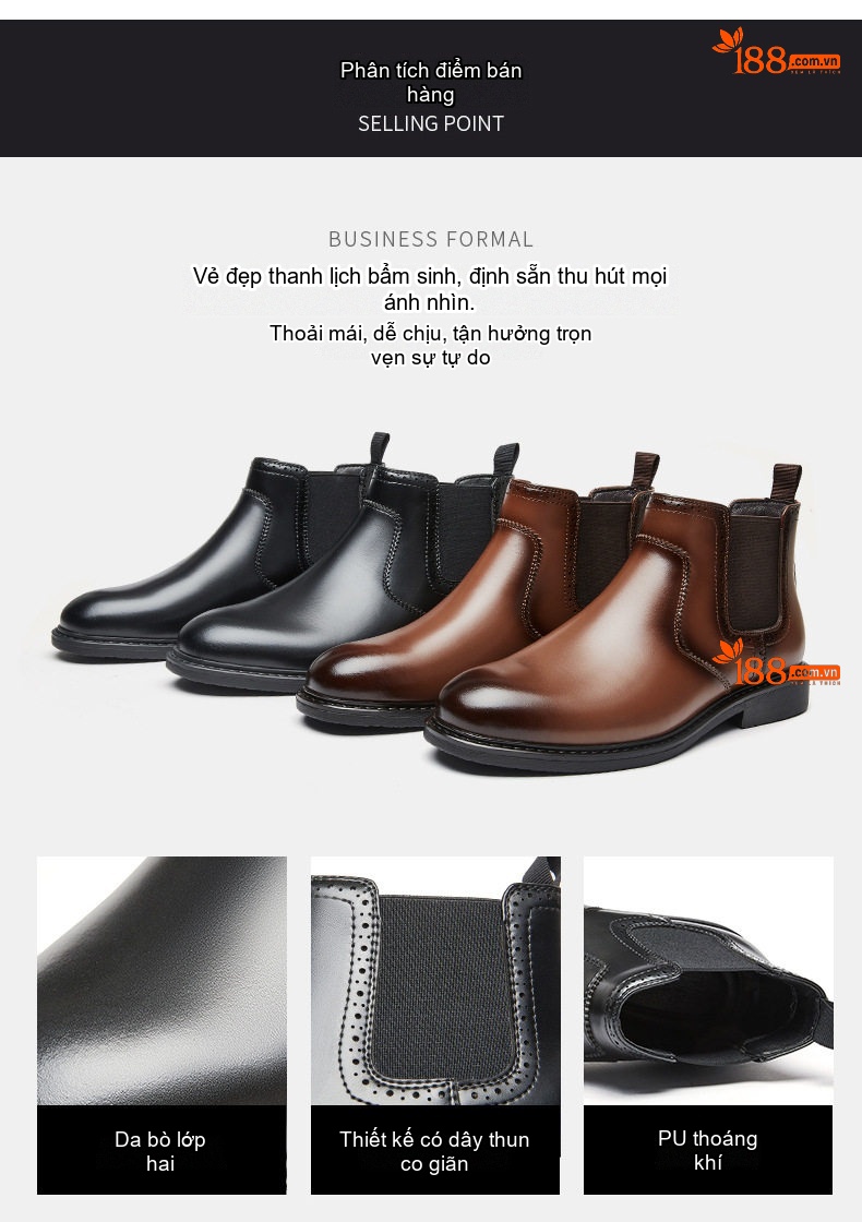 Giày Chelsea Boot Nam Da Thật Phong Cách Anh Quốc Chiều Cao Đế Khoảng 3cm Màu Nâu, Đen chi tiết 2