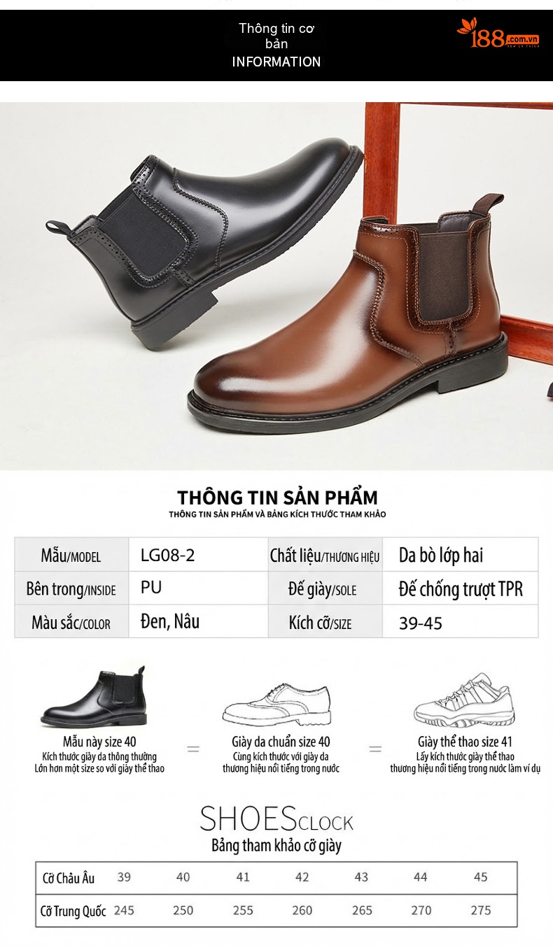 Giày Chelsea Boot Nam Da Thật Phong Cách Anh Quốc Chiều Cao Đế Khoảng 3cm Màu Nâu, Đen chi tiết 7