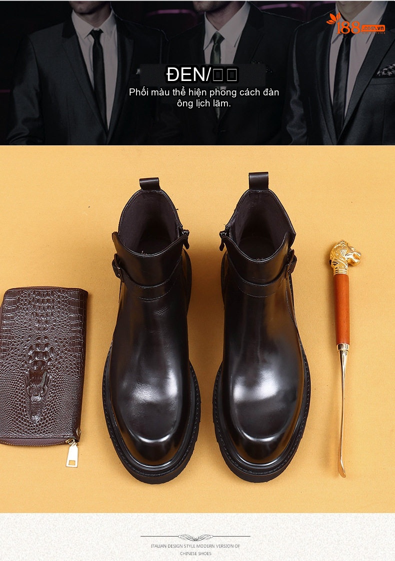 Giày Chelsea Boots Nam Da Bò Đầu Tròn Chiều Cao Đế Khoảng 4cm Màu Đen, Nâu chi tiết 5