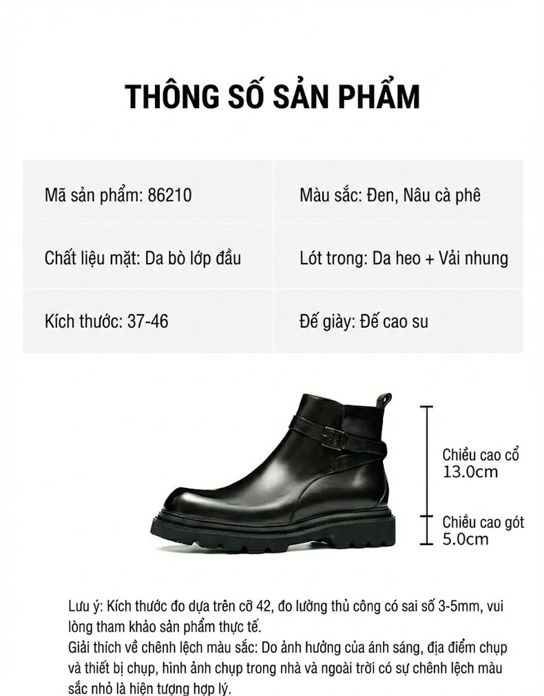 Giày Chelsea Boots Nam Da Bò Đầu Tròn Chiều Cao Đế Khoảng 4cm Màu Đen, Nâu chi tiết 3