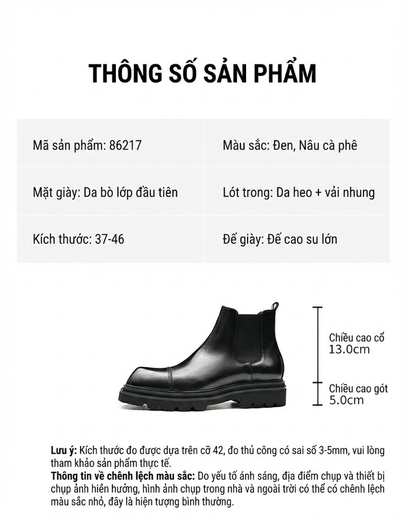 Giày Chelsea Nam Da Bò Cổ Lửng Chiều Cao Đế Khoảng 4cm Màu Đen, Nâu chi tiết 3