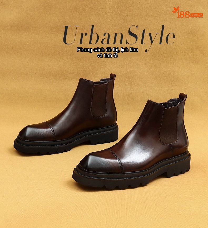 Giày Chelsea Nam Da Bò Cổ Lửng Chiều Cao Đế Khoảng 4cm Màu Đen, Nâu chi tiết 2