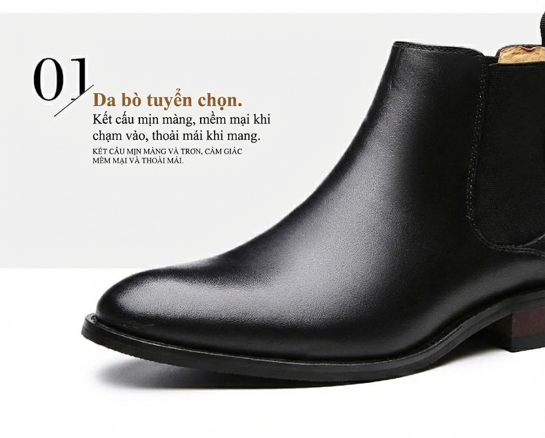 Giày Chelsea Nam Da Bò Thủ Công Cao Cổ Mũi Tròn Chiều Cao Đế Khoảng 3cm Màu Đen, Nâu chi tiết 8