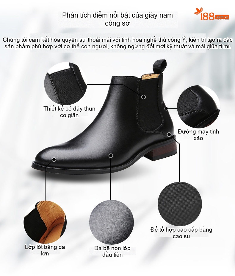 Giày Chelsea Nam Da Bò Thủ Công Cao Cổ Mũi Tròn Chiều Cao Đế Khoảng 3cm Màu Đen, Nâu chi tiết 3