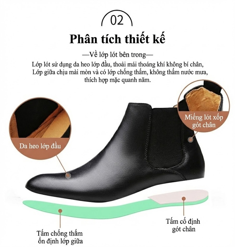Giày Chelsea Nam Da Bò Thủ Công Cao Cổ Mũi Tròn Chiều Cao Đế Khoảng 3cm Màu Đen, Nâu chi tiết 5